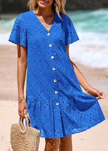 KIRUNDO Eyelet Dresses for Women 2026 Spring Summer Short Sleeve Button Down Loose Mini Babydoll Dress Beach Vacation Clothes(Blue, XX-Large) - Thumbnail 6