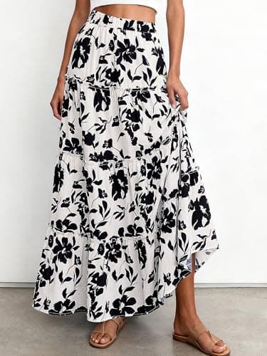 BTFBM Floral Maxi Skirts for Women Summer Spring 2026 Elastic Waist Tiered Flowy Beach Vacation Boho Midi Long Skirt(Floral White Black, Small) - Thumbnail 3
