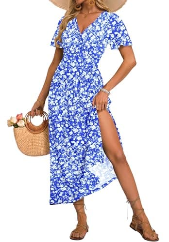 AUSELILY Women's Floral Maxi Dress V Neck Short Flutter Sleeve Beach Vacation Boho Slit Summer Dresses with Pockets 2026 Floral Blue White XL - Image 1