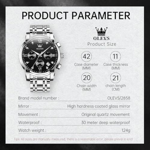 OLEVS Watch Men Black Watches for Men Dress Silver Mens Watches Waterproof Stainless Steel Analog Quartz Metal Luxury Diamond Wrist Watch for Man Day Date Chronograph Large Face Reloj para Hombre - Thumbnail 6