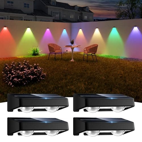 nibuuecer Solar Fence Lights Outdoor, 4 Pack Color Changing Fence Lights Solar Powered with 9 RGB Colors & 11 Lighting Modes, IP65 Waterproof Dusk to Dawn Fence Lights for Patio, Deck, Wall, Backyard - Image 1