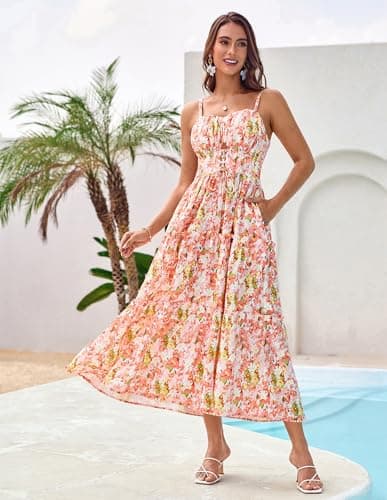 Casual Summer Dresses for Women 2026 Floral Boho Dress Spaghetti Strap Sundress Smocked Tiered Dress Yellow White Floral M - Thumbnail 2