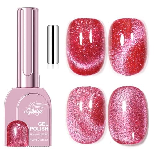 GELLAKTIK Ruby Pink Cat Eye Gel Nail Polish with Magnetic Stick - 12ML Glitter Magnetic Nail Polish for Multiple 3D Effects, Soak Off UV LED Gel Polish for DIY Manicure Salon Gifts for Women