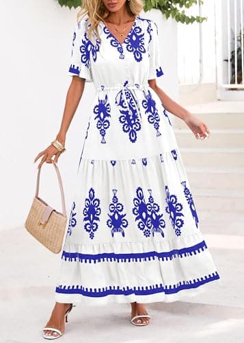 Lazysmile Summer Dresses for Women Short Sleeve V Neck Floral Drawstring Flowy A Line Boho Maxi Dress with Pockets White - Thumbnail 3