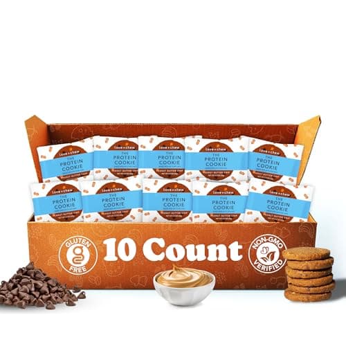 Love + Chew Superfood Soft Baked Protein Cookies, Gluten Free, Vegan, 10g Plant Protein Per Cookie, Healthy Snacks for Adults and Kids, Individually Wrapped Cookies, Peanut Butter Chip, 10 Pack - Image 1