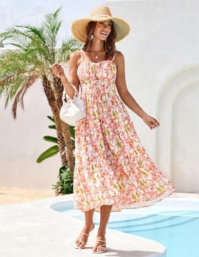 Casual Summer Dresses for Women 2026 Floral Boho Dress Spaghetti Strap Sundress Smocked Tiered Dress Yellow White Floral M - Thumbnail 6