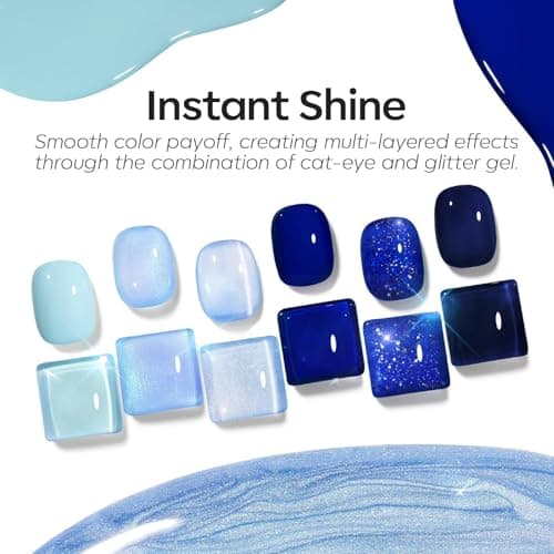 modelones Hema Free Gel Nail Polish, 6 Colors 2026 Spring Pastel Royal Navy Sky Icy Klein Blue Glitter Gel Polish Galaxy Dark Blue 9D Cat Eye Nail Polish with Magnet Soak Off Led Nail Art Kit - Thumbnail 6