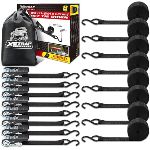 XSTRAP STANDARD Ratchet Tie Down Straps 8PK 1'' x 10 ft - 900 LB Break Strength Cargo Straps for Moving Appliances, Lawn Equipment, Motorcycle (Black) - Image 1