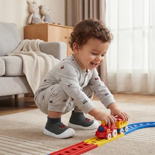 STQ Wide Toe Box Baby Sock Shoes Baby First Walking Shoes Infant Non-Slip Breathable Slippers with Soft Sole Toddler Boys Girls Slip On Barefoot Sneakers Grey Train 6-9 Months - Thumbnail 2