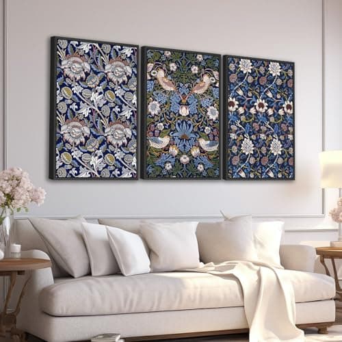 Large Framed Wall Art Flower Pattern by William Morris, Blue Floral Wall Pictures 16"x24"x3 Plants Painting Prints Botanical Canvas Artwork for Living Room Bedroom Home Office Kitchen Decor - Image 1