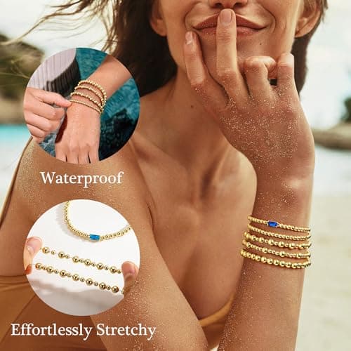 Turandoss July Birthstone Bracelets for Women - Dainty Layered Created Ruby Red Birthstone 14K Gold Plated Elastic Beaded Bracelets Trendy Friendship Birthday Jewelry Gifts for Women - Thumbnail 4