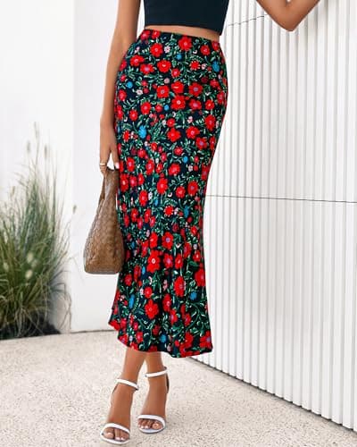 BTFBM Satin Skirts for Women Trendy Summer 2025 High Waisted A-Line Leopard Print Cocktail Wedding Long Silk Midi Skirt(Floral Black Red, Small) - Thumbnail 4