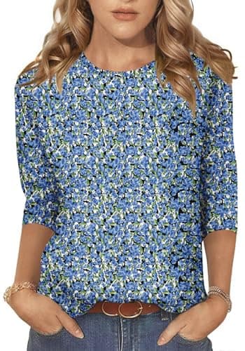 NORACORA Women's 3/4 Length Sleeve Crew Neck T-Shirt - Printed Casual Basic Tops Blue Floral - Image 1