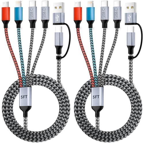 4 in 2 Multi Charging Cable, USB A/C Cable with Dual Type-C/IP/Micro USB, Travel Charger for Multiple Devices, Phone Charger Cord for iPhone 17/16/15/14, Galaxy, Android Tablet Pad (2Pack 5FT) - Image 1