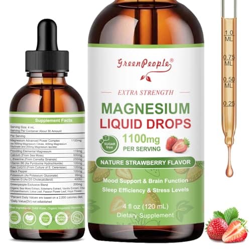 GREENPEOPLE Magnesium Glycinate Liquid Drop - 17-in-1 4Fl. Oz Triple Magnesium Complex Supplement with Glycinate 400mg & Citrate 500mg Taurate/L-Theanine for Calm Mood/Muscle/Sleep,Strawberry Flavor - Image 1