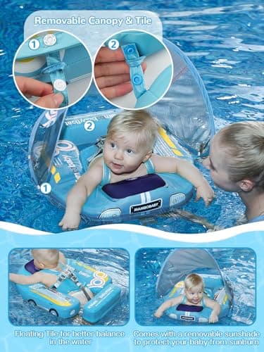 Mambobaby Baby Pool Float with Canopy, Kalolary Non-Inflatable Baby Swim Float Infant Swim Trainer Ring Toddler Pool Float with Adjustable Strap & Tile for 3-24 Months Age Boys Girls (Blue Car) - Thumbnail 4
