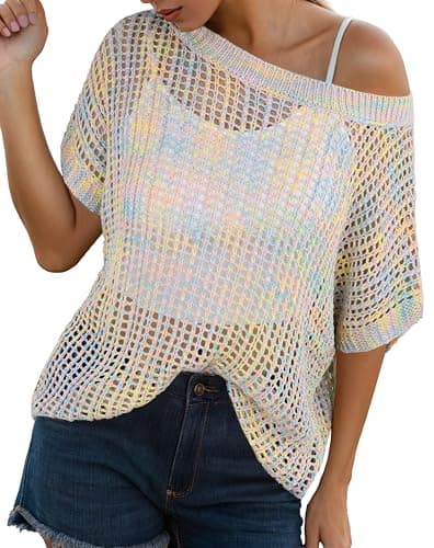 ONLYSTORY Womens Summer Crochet Tops Short Sleeve Hollow Out Sweater Casual Beach Vacation Colorful Knit Cover Ups,Colorful Bule Pink,XL - Image 1