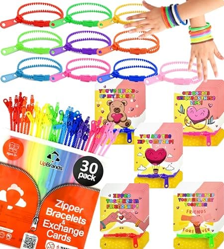UpBrands 30 Valentine's Day Cards for Kids School & Fidget Zipper Bracelets Party Favors Toys, Bulk Valentine's Day Gifts for Kids, Classroom Exchange Gifts - Image 1