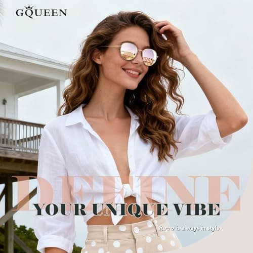 GQUEEN Retro Round Polarized Sunglasses Womens Men Spring Hinge Metal Frame Trendy Hippie Oval Sun Glasses Shades UV400,Mirrored Gold Pink - Thumbnail 2