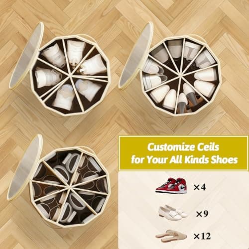 Farafox Round Shoe Organizer for Closet - Foldable Shoe Storage Bin with Clear Lid Compact Zapateras Sandals Organizer Box for Small Spaces Under Bed - D16.9×H13.0 - Thumbnail 3