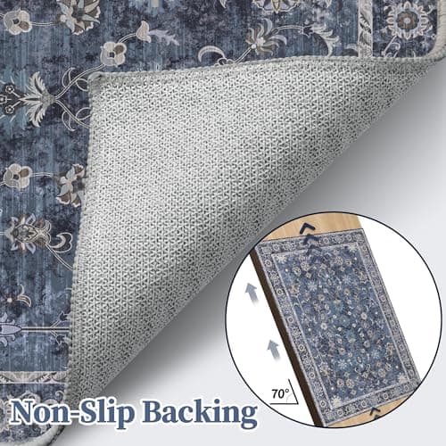 Tangsoo Small Rug 2x3 Throw Rugs for Entryway Washable Entry Rug Non Slip, Vintage Blue Floral Indoor Rugs Distressed Small Carpet Soft Low Pile Boho Door Mat for Entrance Bedroom Kitchen Foyer Decor - Thumbnail 4