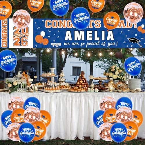 NUTTYBASH Graduation Party Decorations, Personalized Class of 2025 Graduation Banner with 78 Alphabet Stickers and Balloons, Congrats Banner for College High School Party Supplies(Blue Orange) - Thumbnail 6