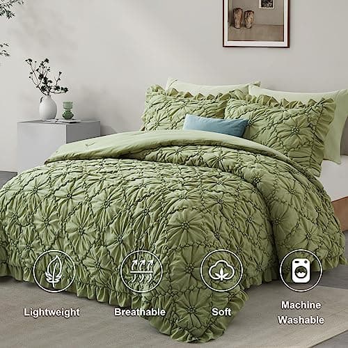 BEDAZZLED King Size Comforter Sets, Green Bedding Comforter Set, 3 Pieces Pinch Pleat Bedding Sets with Comforter and Pillowcases Soft Farmhouse Shabby Chic Comforter for All Season - Thumbnail 2