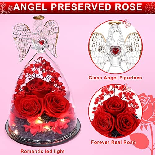 Tiaronics Mothers Day Rose Gifts for Women, Large Angel Figurines with Real Roses, Preserved Real Flower Rose for Her - Red - Thumbnail 5