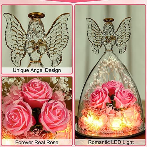 Tiaronics Mothers Day Mom Gifts for Women Preserved Flowers in Glass Angel Forever Flowers Gifts Eternal Roses Gifts for Grandma - Pink - Thumbnail 5