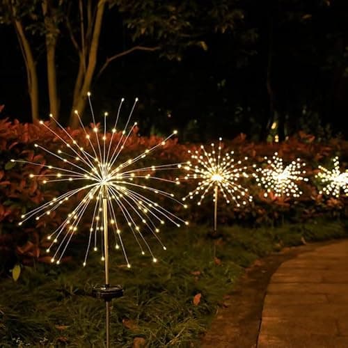 HFLYJPYW Solar Firework Lights 2Pcs Garden Lights Outdoor Waterproof, 120 LED with 8 Modes Twinkling and Steady-On, Festive daysStarburst Lights for Path, Patio, Yard (Warm White) - Thumbnail 6