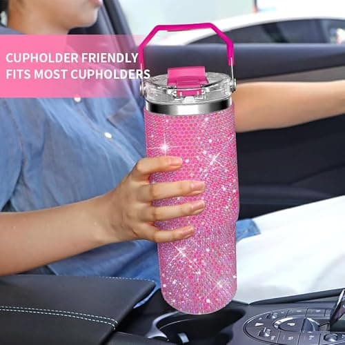 Bling Rhinestone Studded Tumbler with Top Handle, Bling Cups Stainless Steel Water Bottle Diamond Glitter Tumbler for Women - Birthday Gifts for Women, Mom,Get Well Soon Gifts (Fuschia) - Thumbnail 5