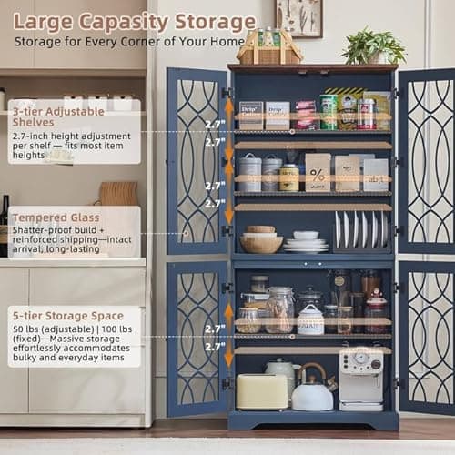 Joaxswe 67" Tall Bookshelf, Rustic Book Shelf w/Vintage Pattern Tempered Glass Doors, 5-Tier Wood Bookcase with Adjustable Storage Shelves, Retro Curio Display Cabinet for Living Room, Navy Blue - Thumbnail 5