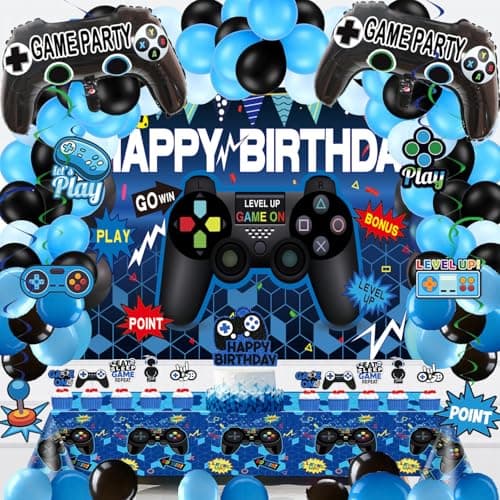 75Pieces Video Game Party Supplies Set: Decorations with Happy Birthday Gaming Backdrop, Hanging Swirls, TableCovers, Cake Topper, Foil Gamer Balloons, Multi-Color Balloons. Perfect for Game ON Party!