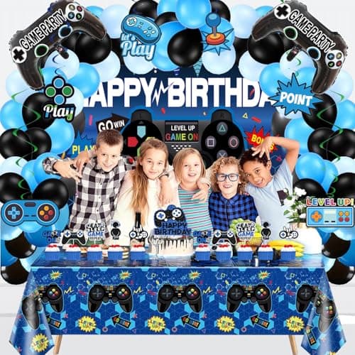 Video Game Party Decorations Set – 75PCS Gamer Birthday Supplies with Gaming ON Backdrop, Table Cover, Hanging Swirls, Cake Toppers, Foil Balloons for Boys & Kids - Thumbnail 4