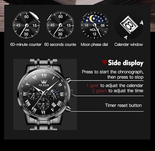 OLEVS Watch Men Luxury Black Watches for Men Dress Luminous Waterproof Analog Quartz Mens Watches with Date Fashion Stainless Steel Large Face Chronograph Moon Phase Classic Wrist Watch for Man - Thumbnail 4