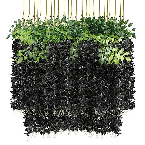 U'Artlines 24 Pack (Total 86.4 Feet) Artificial Fake Wisteria Vine Rattan Hanging Garland Silk Flowers String Home Party Wedding Decor (24, Black) - Image 1