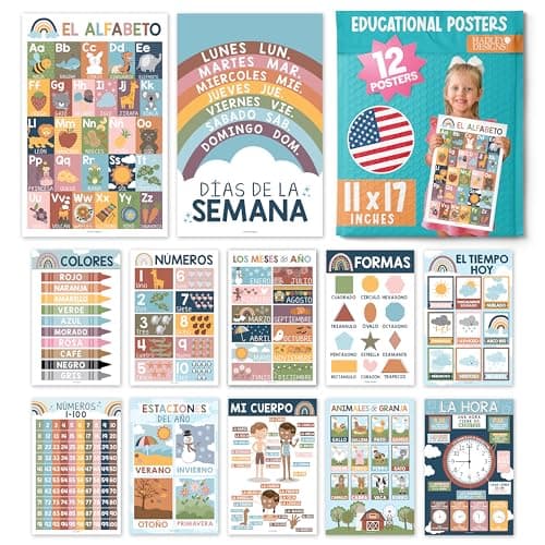 Hadley Designs Spanish Classroom Decorations - 12 Spanish Posters for Classroom Elementary, Abecedario para Niños en Español, Laminated Boho Bilingual Educational Posters 11x17 - Image 1