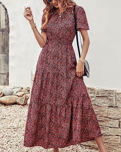 PRETTYGARDEN Women's Summer Casual Short Flutter Sleeve Round Neck Smocked Waist Tiered Boho Floral Flowy Maxi Dress(Floral Black and Red,X-Large) - Thumbnail 2