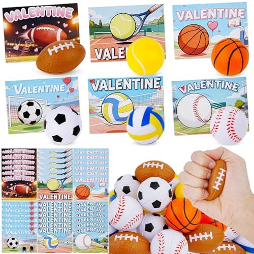 Tiaxidex Valentines Day Gifts for Kids, 36 PCS Sports Valentines Cards for Kids, 36 PCS Stress Balls, Classroom Prizes, Party Favors for Boys & Girls Classroom Gift Exchanges at School - Image 1