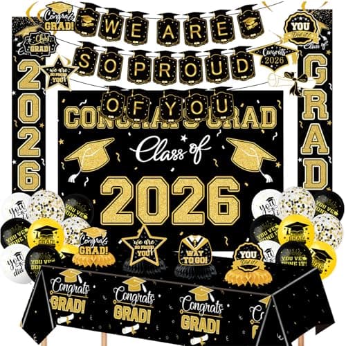 Graduation Decorations 2026 Themed Set - All-in-One Party Supplies with Backdrop & Tablecloth, Congrats Grad Banner for High School College Class of 2026 Decor