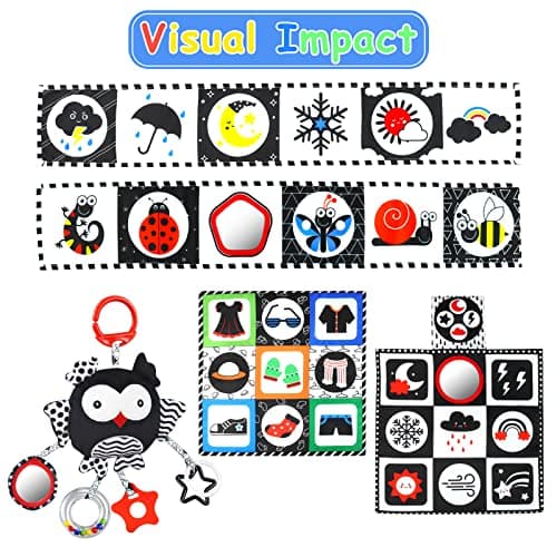 KUANGO Black and White High Contrast Baby Toys 0-6 Months with Mirror, Crinkle and Rattles, Soft Baby Toys for Brain Development Montessori Sensory Tummy Time Newborn Infant for 0 3 6 9 Months Old - Thumbnail 4