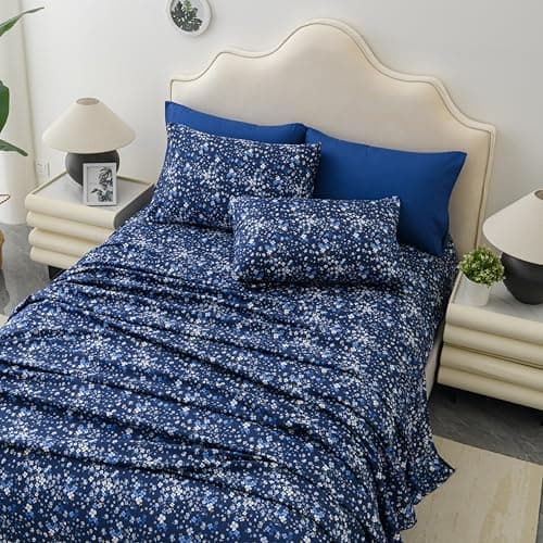 King Size Bed Sheets Set Deep Pockets - 6PC Floral Ultra Soft Microfiber Bed Sheets - Easy to Clean, 90 Thread Count Sheets with Fitted Sheet, Flat Sheet & Pillowcases (Navy/Ditsy Floral) - Thumbnail 3