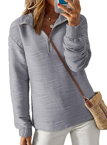 Dokotoo Womens Half Zip Pullover Sweatshirt for Women Long Sleeve Shirts Textured Tops Fall Comfy Loose Fit Jackets Sweatshirts Sweaters Clothes 2026 Trendy Knit Outfits Gray Mdeium - Image 1