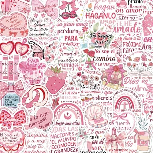 Falueqg Spanish Bible Verse Stickers - 50Pcs Pink Inspirational Christian Stickers, Waterproof Religious Jesus Scripture Decals, Aesthetic Faith Decals for Water Bottle Laptop Scrapbook Journaling - Image 1