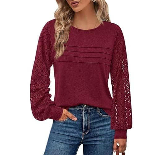 BTFBM Women's Long Sleeve Shirts Dressy Lace Fall Tops 2026 Trendy Business Casual T-Shirts Cute Work Outfits Blouses(Burgundy, Small) - Image 1