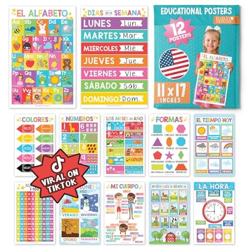 Hadley Designs Spanish Posters for Classroom - 12 Bilingual Educational Posters for Spanish Classroom Decorations Must Haves, Calendario y Alfabeto en Español Para la Pared, Colorful Teacher Supplies - Image 1