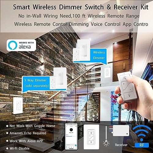 Wireless Light Switch, Remote Light Switch Compatible with Alexa, Smart Wireless Dimmer Switch and Receiver, Wall Lighting Fixture for Ceiling Lights, Fans, Lamps - Thumbnail 3