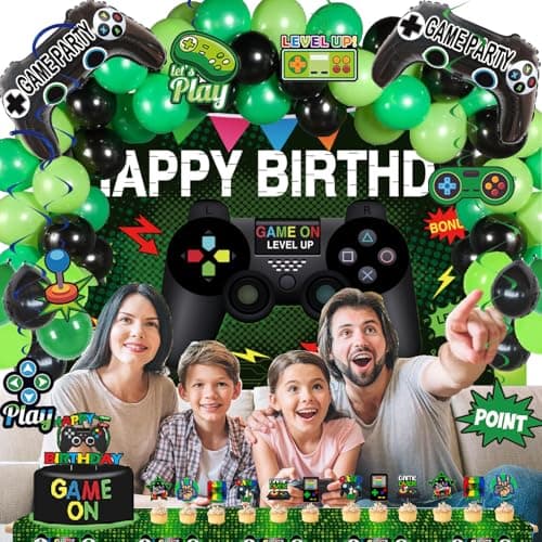 Video Game Birthday Party Decorations Kit – 77PCS Gamer Supplies with Backdrop, Hanging Swirls, Foil Balloons, Table Cover, Cake Topper for Boys Kids Game Theme Party - Thumbnail 4