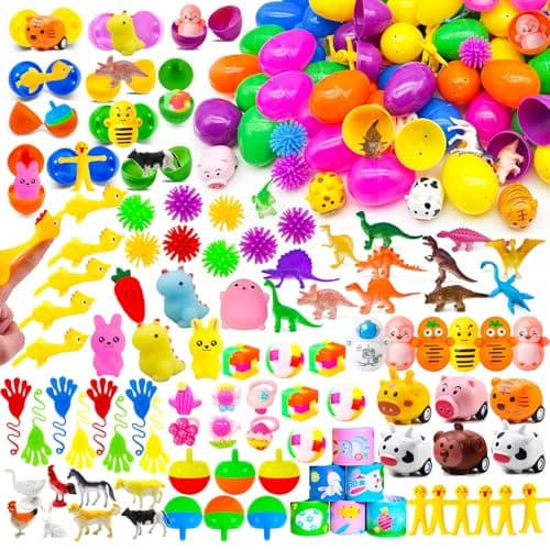 GOAUS Prefilled Easter Eggs with Toys 240 Pcs, 120 Eggs Truly Filled with 120 Small Toys, Pre-filled Easter Egg Hunt Stuffed Party Favors Basket Stuffers Prizes for Kids