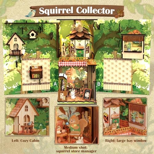 Cutefun Book Nook Kit, DIY Miniature Booknook Kit for Adults, 3D Wooden Puzzle Bookend Bookshelf Decor with LED Light & Dust Cover Creative Crafts Gifts for Book Lovers (Squirrel Collector) - Thumbnail 5